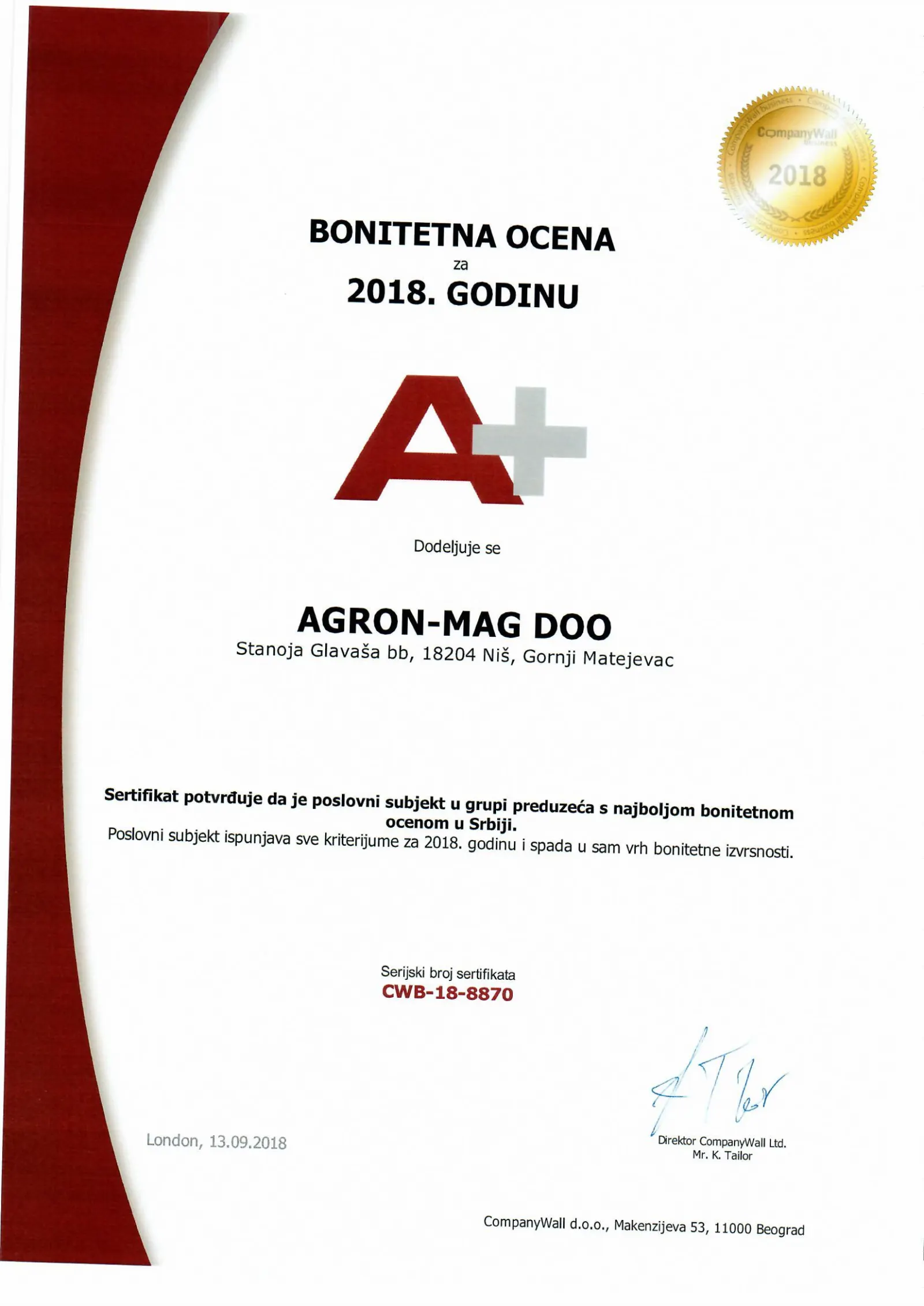 Sertifikat bonitetne ocene A+ za 2018. godinu, izdat firmi AGRON-MAG DOO